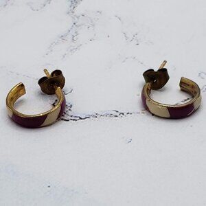 Purple & White Candy Striped Gold Hoop Earrings